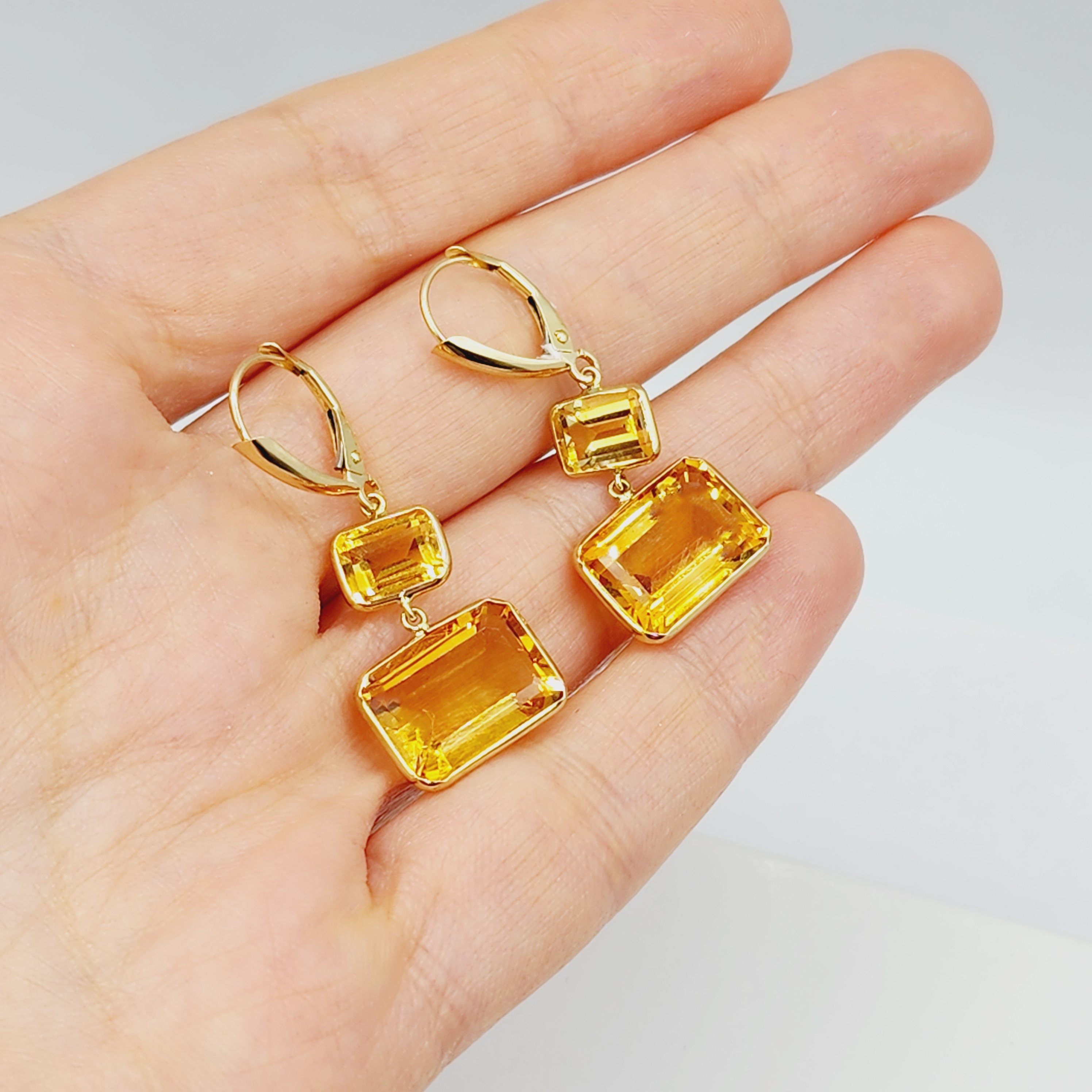 14K Yellow Gold Natural Citrine Lever Back Drop Earrings, Luxury Dangle & Drop Earrings for Women, Big Natural Genuine Gemstone Earrings