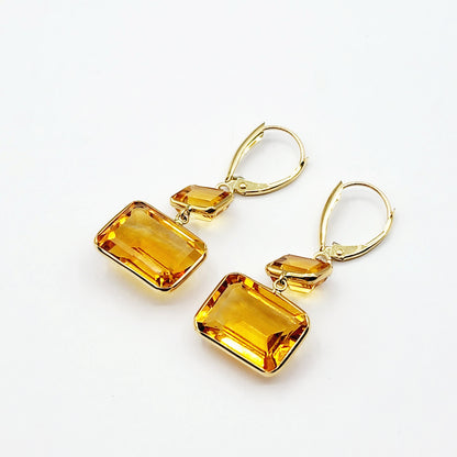 14K Yellow Gold Natural Citrine Lever Back Drop Earrings, Luxury Dangle & Drop Earrings for Women, Big Natural Genuine Gemstone Earrings
