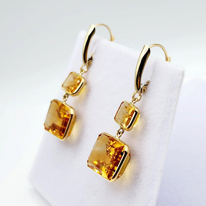 14K Yellow Gold Natural Citrine Lever Back Drop Earrings, Luxury Dangle & Drop Earrings for Women, Big Natural Genuine Gemstone Earrings