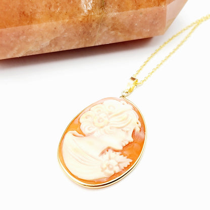 14K Yellow Gold Carnelian Carved Shell Women Pendant, Antique Cornelia Shell Handcrafted Necklace For Her