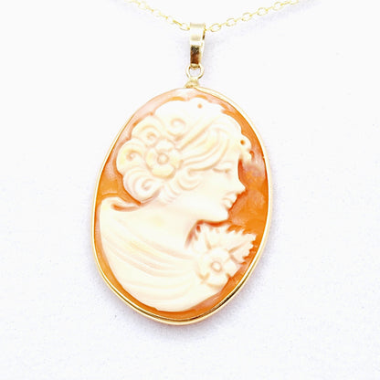 14K Yellow Gold Carnelian Carved Shell Women Pendant, Antique Cornelia Shell Handcrafted Necklace For Her