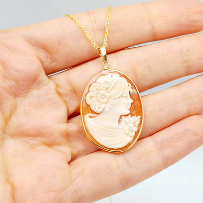 14K Yellow Gold Carnelian Carved Shell Women Pendant, Antique Cornelia Shell Handcrafted Necklace For Her