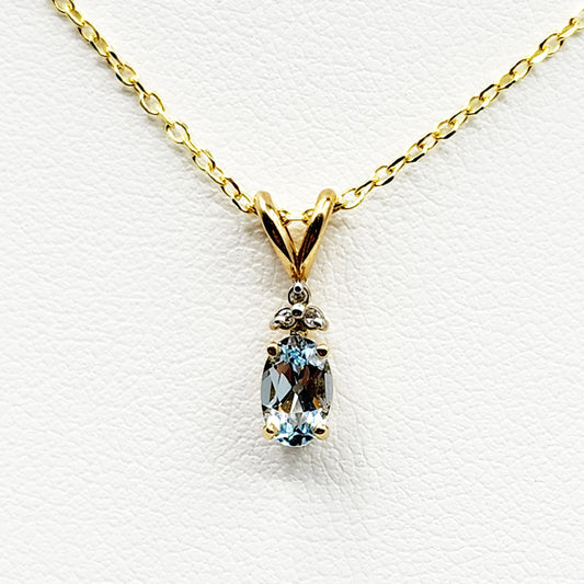 10K Yellow Gold Aquamarine with Diamond Pendant, Gold Natural Aquamarine 6x4mm Necklace, March Birthstone Gift For Women Girls