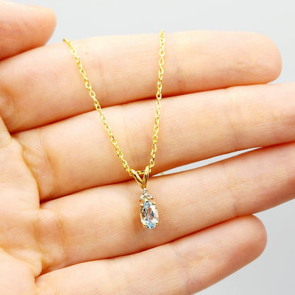10K Yellow Gold Aquamarine with Diamond Pendant, Gold Natural Aquamarine 6x4mm Necklace, March Birthstone Gift For Women Girls