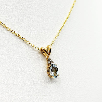 10K Yellow Gold Aquamarine with Diamond Pendant, Gold Natural Aquamarine 6x4mm Necklace, March Birthstone Gift For Women Girls