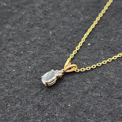 10K Yellow Gold Aquamarine with Diamond Pendant, Gold Natural Aquamarine 6x4mm Necklace, March Birthstone Gift For Women Girls