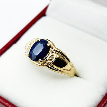 Gold Sapphire Ring, 10K Yellow Gold Natural Blue Sapphire 8x6mm with Diamond Ring for Women, September Birthstone, Birthday Gift for her