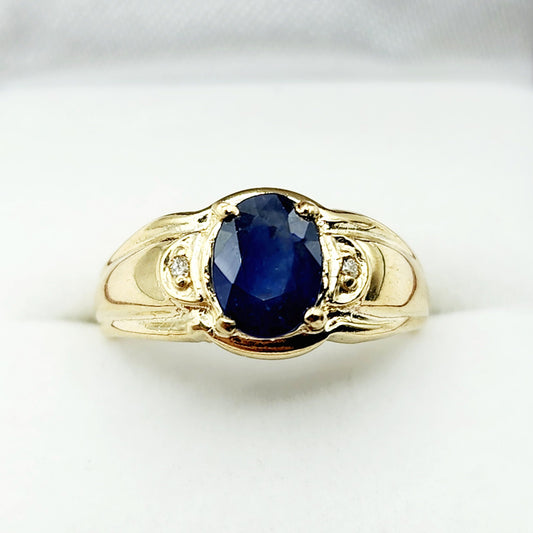 Gold Sapphire Ring, 10K Yellow Gold Natural Blue Sapphire 8x6mm with Diamond Ring for Women, September Birthstone, Birthday Gift for her