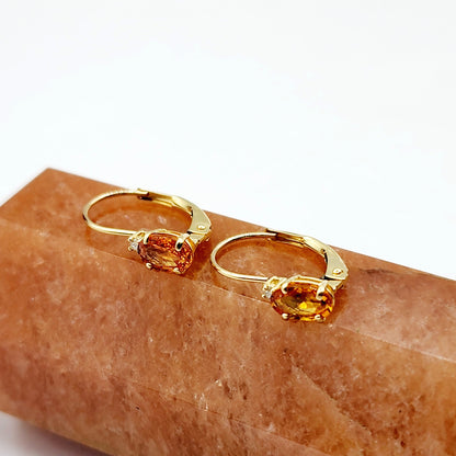 14K Yellow Gold Leverback Yellow Sapphire Earrings, Gold Earrings with Genuine Gemstone 6x4mm and Diamonds, Birthstone Gift for Her