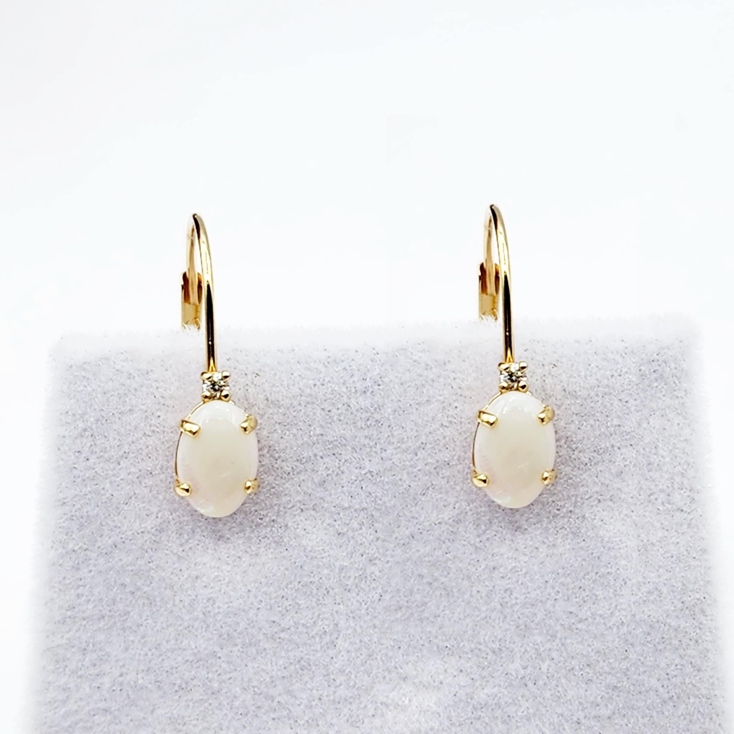 14K Yellow Gold Lever back Opal Earrings, Gold Earrings with Genuine Gemstone 6x4mm and Diamonds, Birthstone Gift for Her