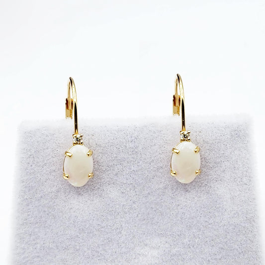 14K Yellow Gold Lever back Opal Earrings, Gold Earrings with Genuine Gemstone 6x4mm and Diamonds, Birthstone Gift for Her