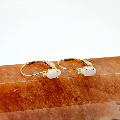 14K Yellow Gold Lever back Opal Earrings, Gold Earrings with Genuine Gemstone 6x4mm and Diamonds, Birthstone Gift for Her