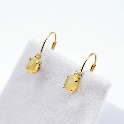 14K Yellow Gold Lever back Ethiopian Opal Earrings, Gold Earrings with Genuine Gemstone 6x4mm and Diamonds, Birthstone Gift for Her