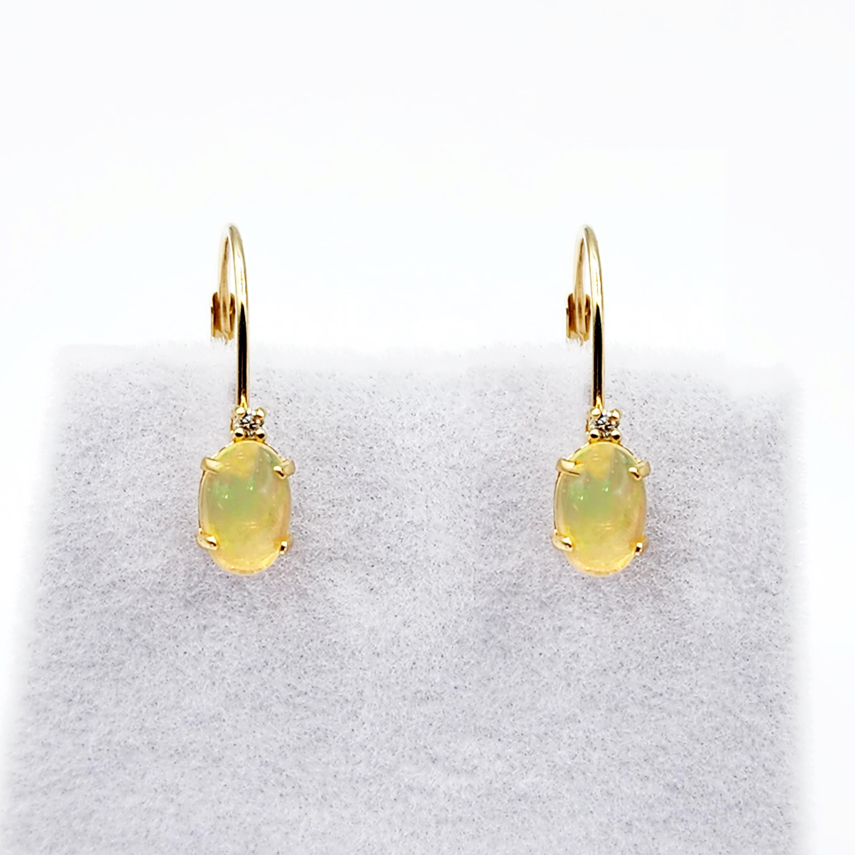 14K Yellow Gold Lever back Ethiopian Opal Earrings, Gold Earrings with Genuine Gemstone 6x4mm and Diamonds, Birthstone Gift for Her