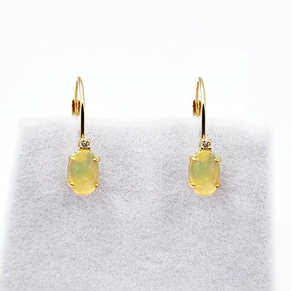 14K Yellow Gold Lever back Ethiopian Opal Earrings, Gold Earrings with Genuine Gemstone 6x4mm and Diamonds, Birthstone Gift for Her
