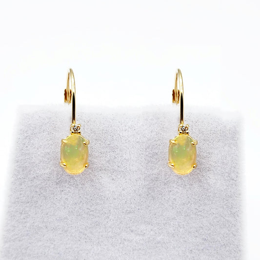 14K Yellow Gold Lever back Ethiopian Opal Earrings, Gold Earrings with Genuine Gemstone 6x4mm and Diamonds, Birthstone Gift for Her