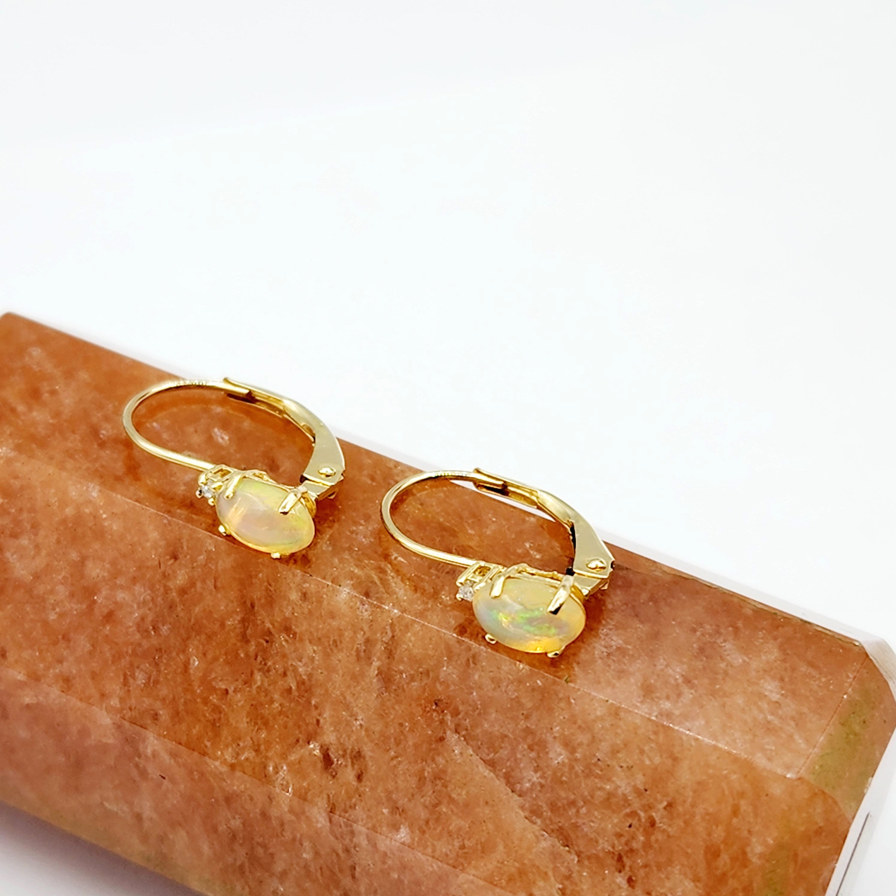 14K Yellow Gold Lever back Ethiopian Opal Earrings, Gold Earrings with Genuine Gemstone 6x4mm and Diamonds, Birthstone Gift for Her