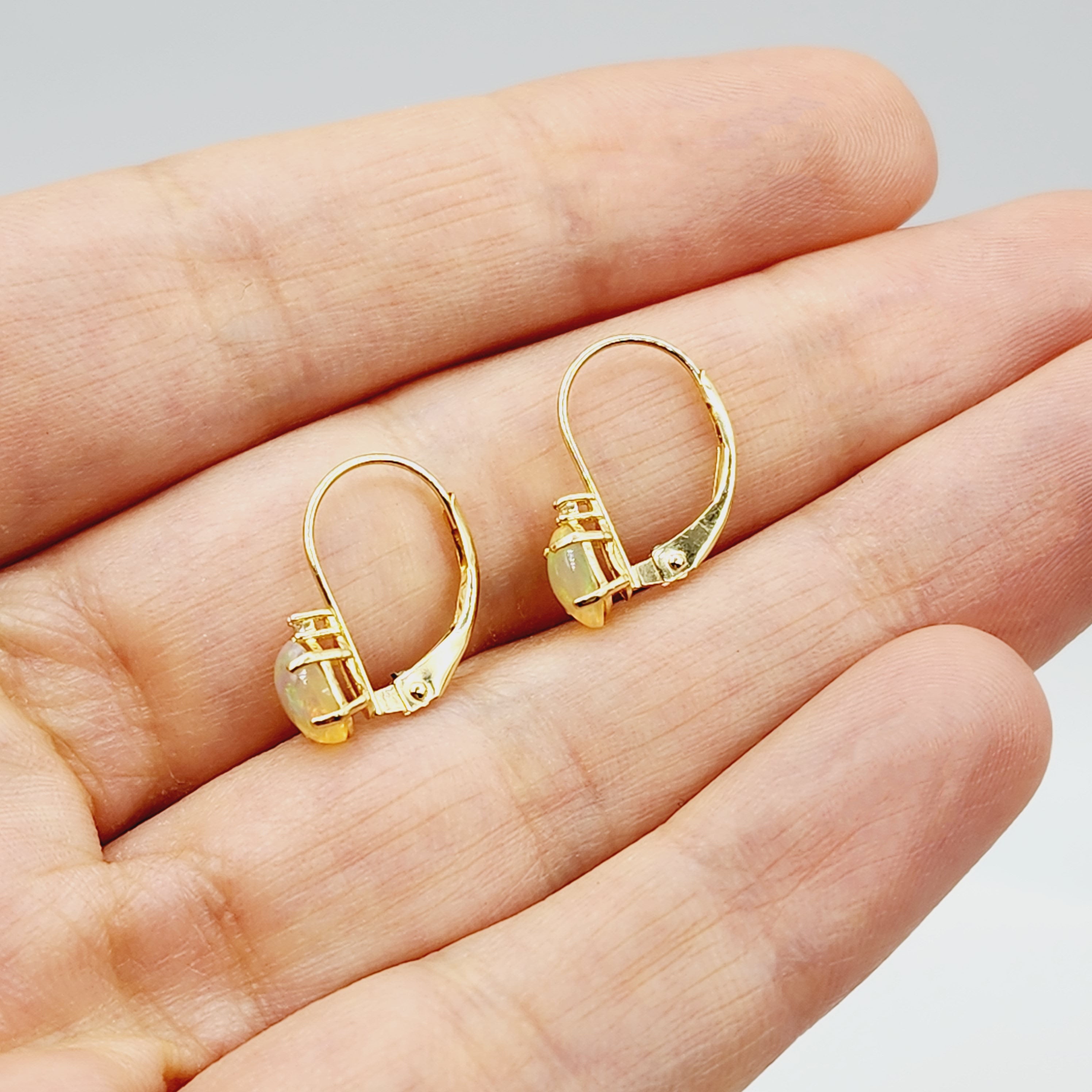 14K Yellow Gold Lever back Ethiopian Opal Earrings, Gold Earrings with Genuine Gemstone 6x4mm and Diamonds, Birthstone Gift for Her