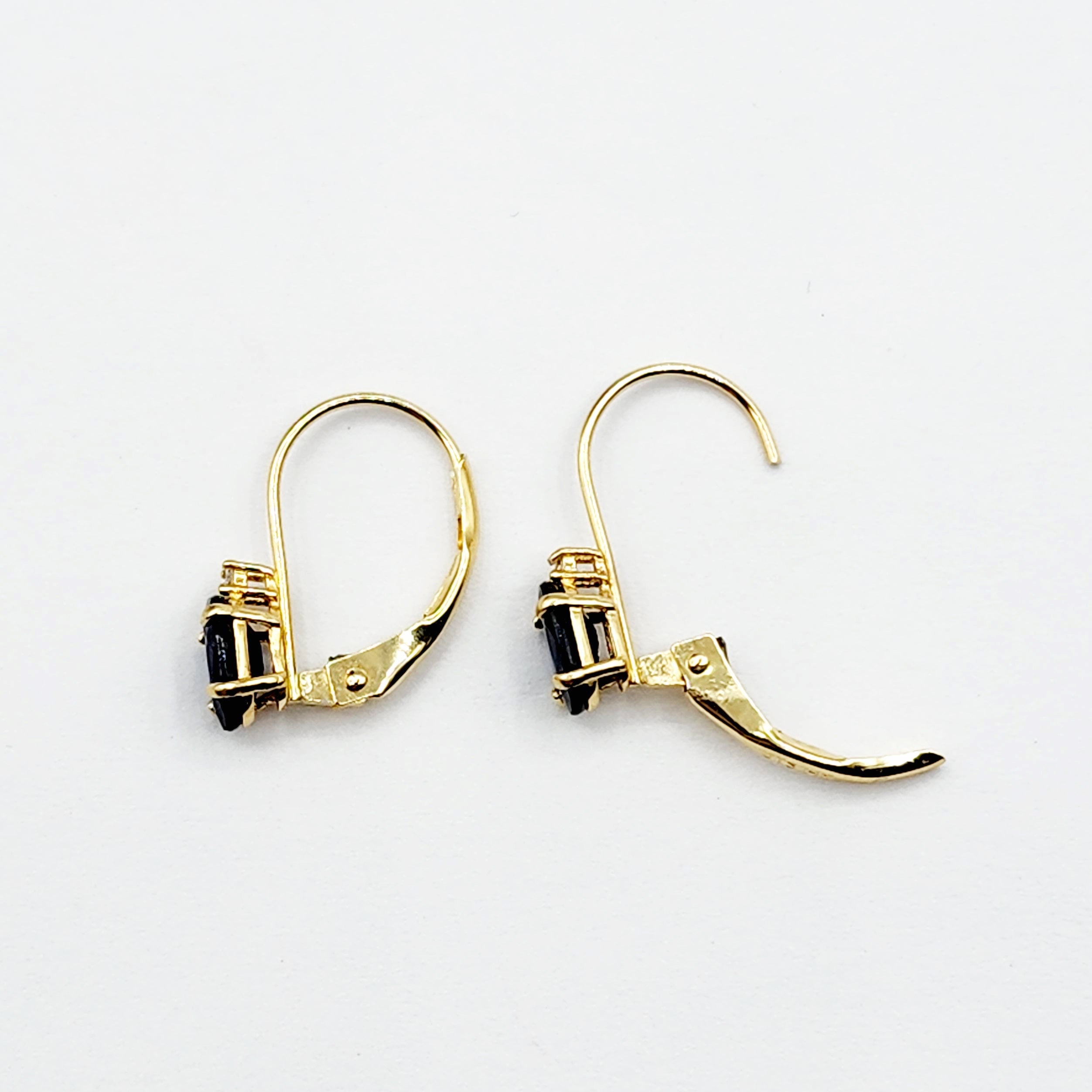 14K Yellow Gold Lever back Blue Sapphire Earrings, Gold Earrings with Genuine Gemstone 6x4mm and Diamonds, September Birthstone Gift for Her