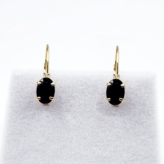 14K Yellow Gold Lever back Blue Sapphire Earrings, Gold Earrings with Genuine Gemstone 6x4mm and Diamonds, September Birthstone Gift for Her
