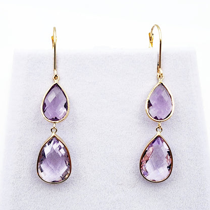 14K Yellow Gold Amethyst  Lever Back Drop Earrings, Dainty Dangle & Drop Earrings for Women, Big Natural Genuine Gemstone Earrings for Her