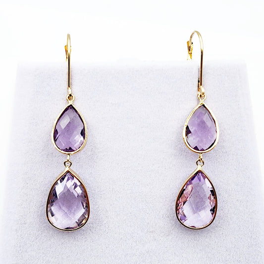 14K Yellow Gold Amethyst  Lever Back Drop Earrings, Dainty Dangle & Drop Earrings for Women, Big Natural Genuine Gemstone Earrings for Her