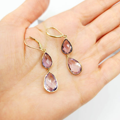 14K Yellow Gold Amethyst  Lever Back Drop Earrings, Dainty Dangle & Drop Earrings for Women, Big Natural Genuine Gemstone Earrings for Her