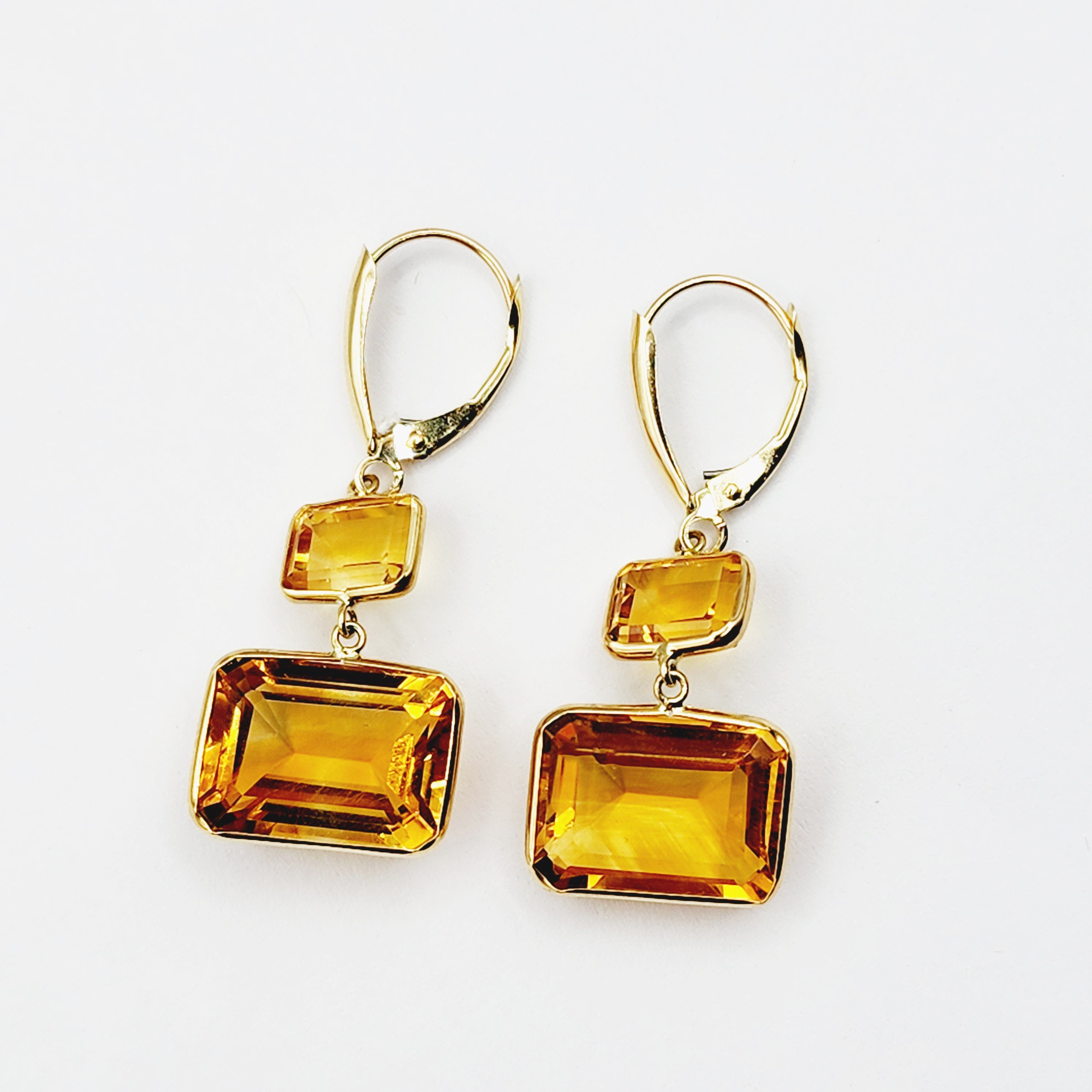 14K Yellow Gold Natural Citrine Lever Back Drop Earrings, Luxury Dangle & Drop Earrings for Women, Big Natural Genuine Gemstone Earrings