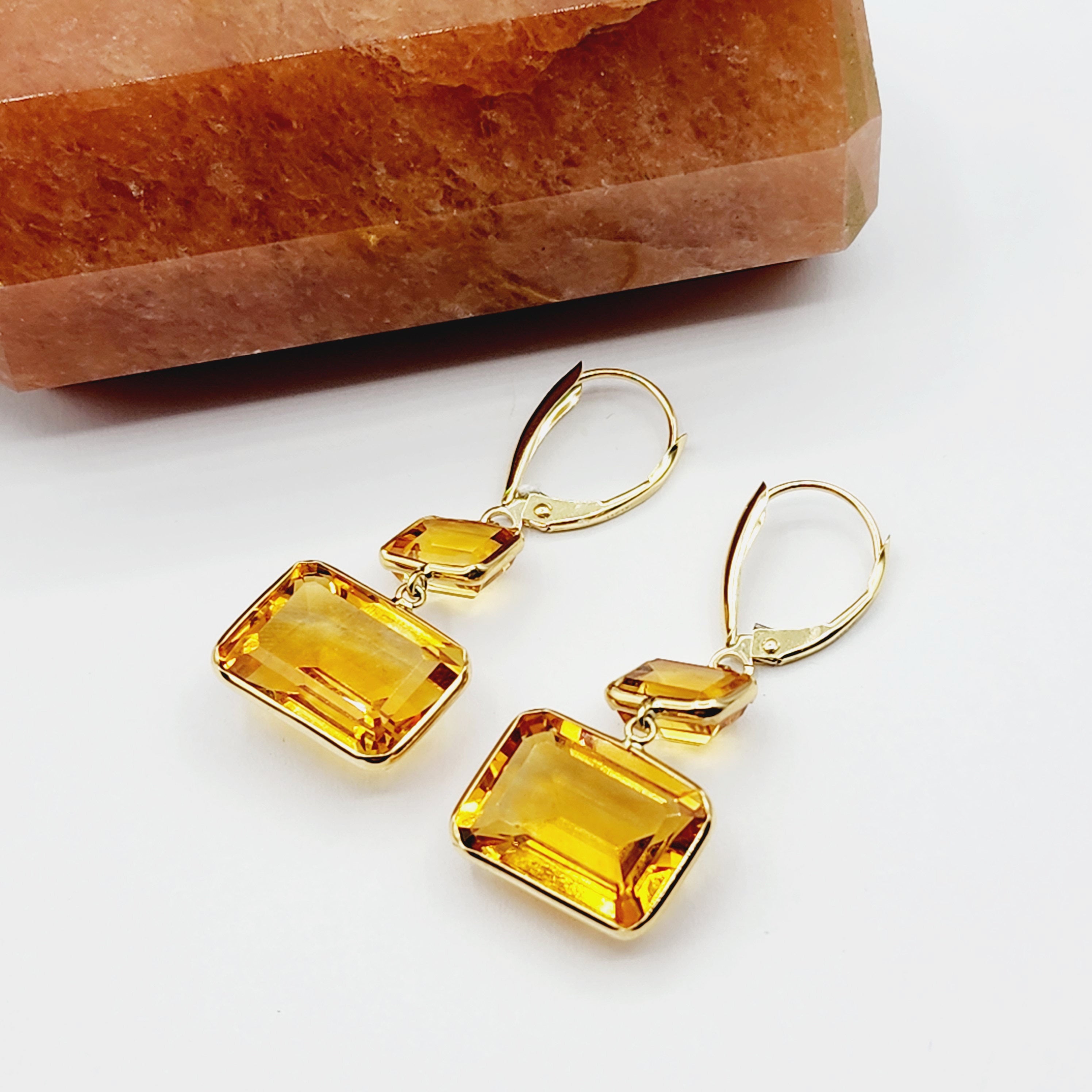 14K Yellow Gold Natural Citrine Lever Back Drop Earrings, Luxury Dangle & Drop Earrings for Women, Big Natural Genuine Gemstone Earrings