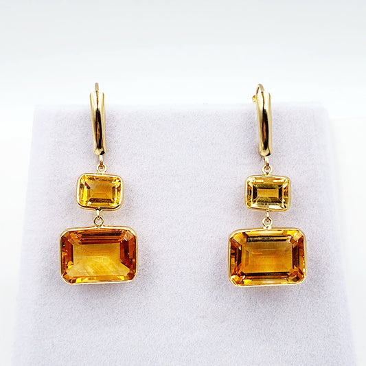 14K Yellow Gold Natural Citrine Lever Back Drop Earrings, Luxury Dangle & Drop Earrings for Women, Big Natural Genuine Gemstone Earrings