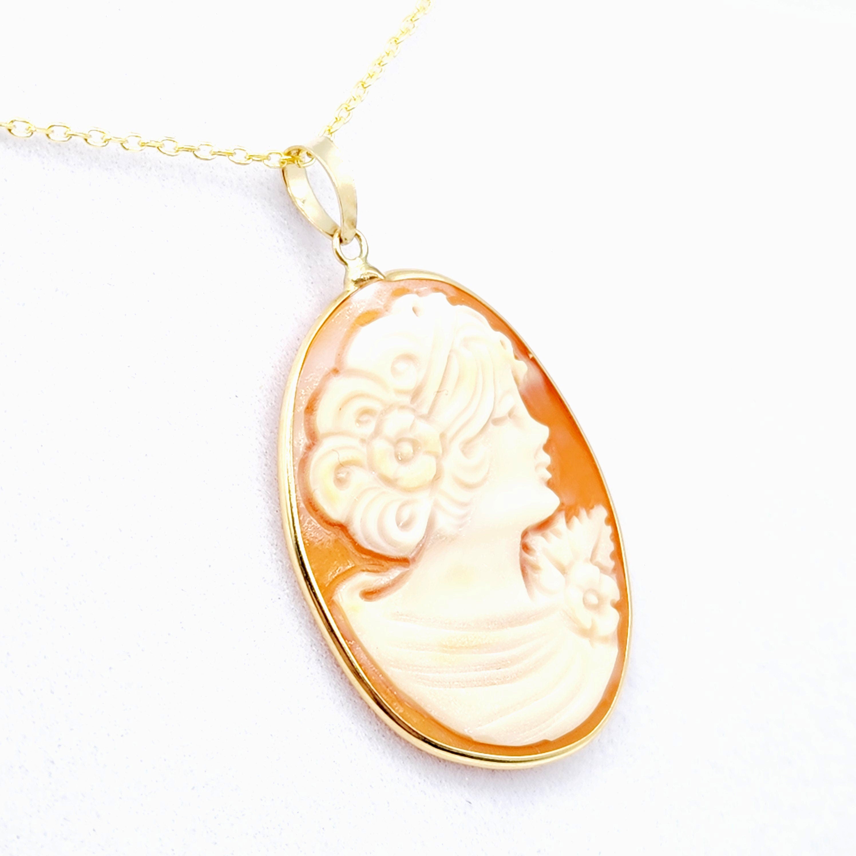 14K Yellow Gold Carnelian Carved Shell Women Pendant, Antique Cornelia Shell Handcrafted Necklace For Her