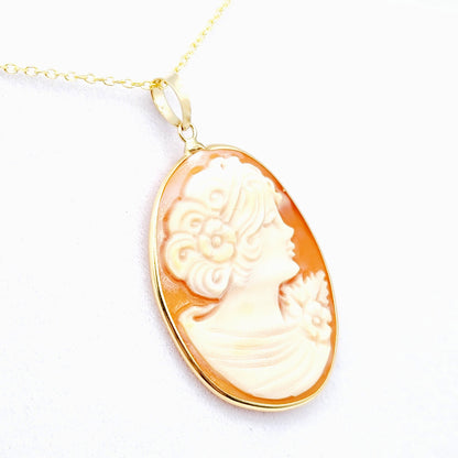 14K Yellow Gold Carnelian Carved Shell Women Pendant, Antique Cornelia Shell Handcrafted Necklace For Her