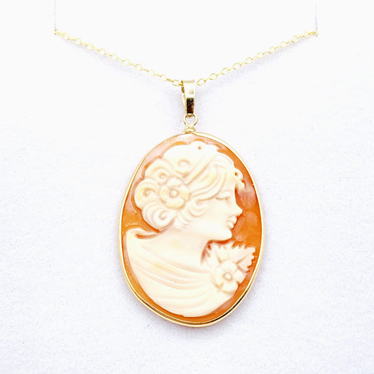 14K Yellow Gold Carnelian Carved Shell Women Pendant, Antique Cornelia Shell Handcrafted Necklace For Her