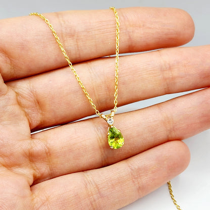 10K Yellow Gold Peridot 8x5mm with White Topaz Pendant Necklace, Gold Pendant For Her, Peridot Jewelry, August Birthstone