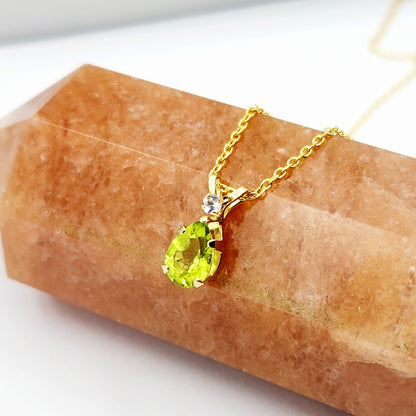 10K Yellow Gold Peridot 8x5mm with White Topaz Pendant Necklace, Gold Pendant For Her, Peridot Jewelry, August Birthstone