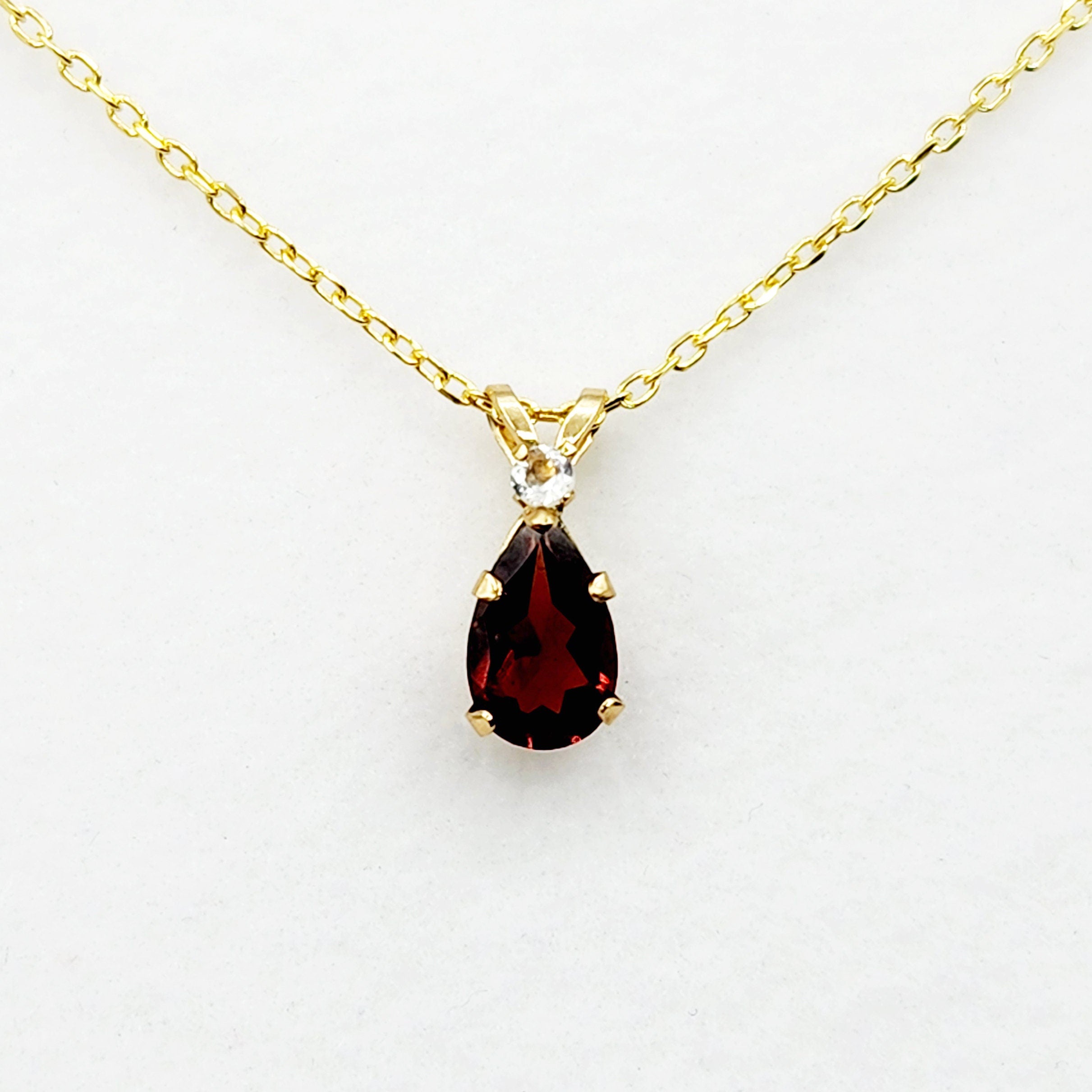 10K Yellow Gold Garnet 8x5mm with White Topaz Pendant Necklace, Gold Pendant For Her, Garnet Jewelry, January Birthstone