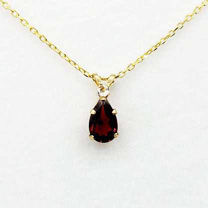10K Yellow Gold Garnet 8x5mm with White Topaz Pendant Necklace, Gold Pendant For Her, Garnet Jewelry, January Birthstone