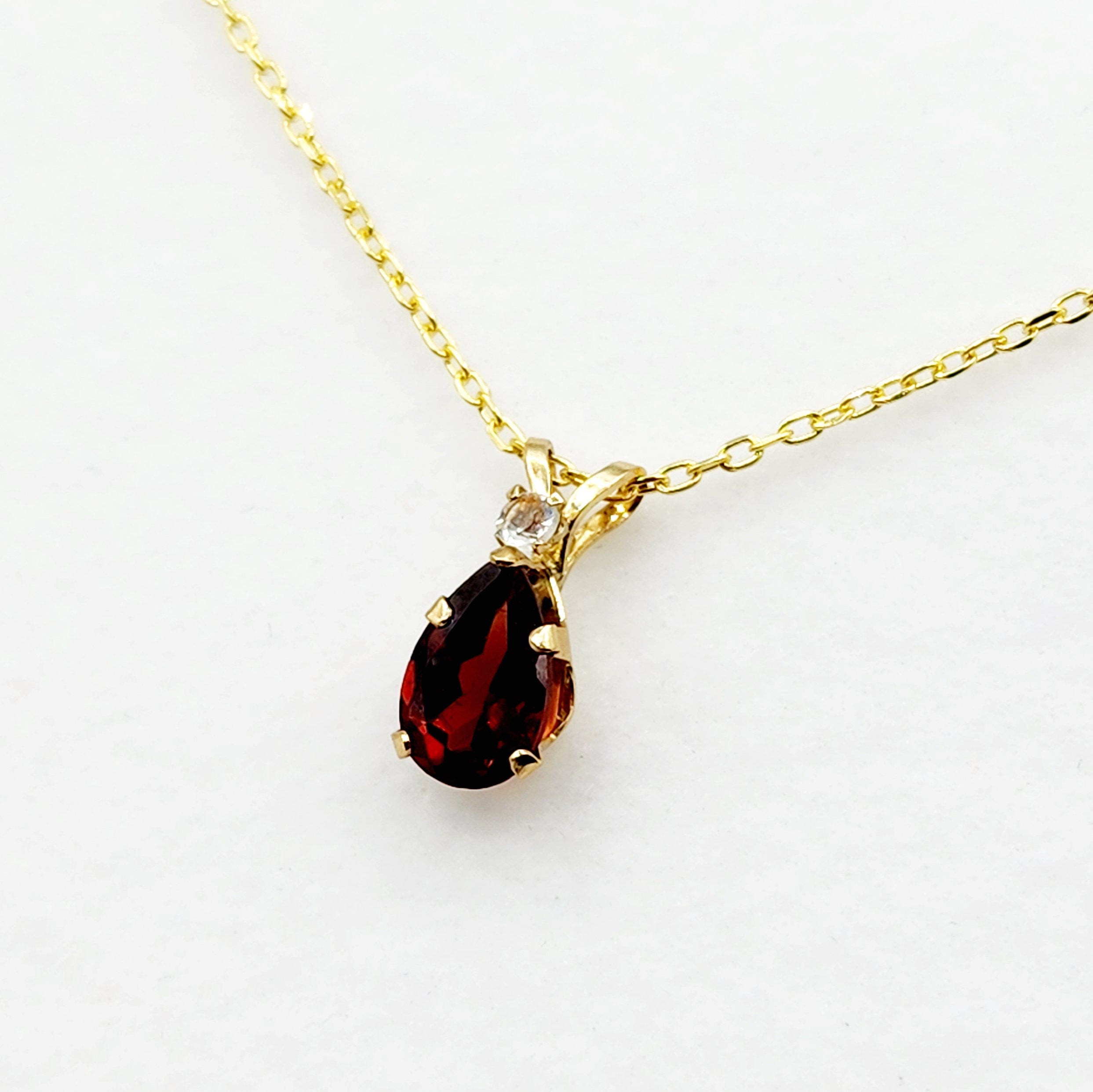 10K Yellow Gold Garnet 8x5mm with White Topaz Pendant Necklace, Gold Pendant For Her, Garnet Jewelry, January Birthstone