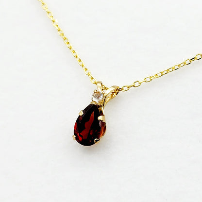 10K Yellow Gold Garnet 8x5mm with White Topaz Pendant Necklace, Gold Pendant For Her, Garnet Jewelry, January Birthstone