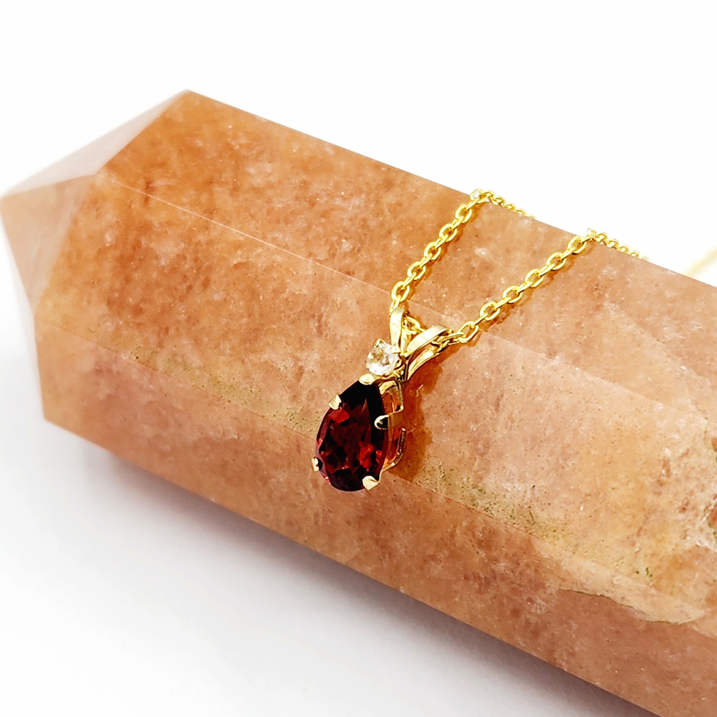 10K Yellow Gold Garnet 8x5mm with White Topaz Pendant Necklace, Gold Pendant For Her, Garnet Jewelry, January Birthstone