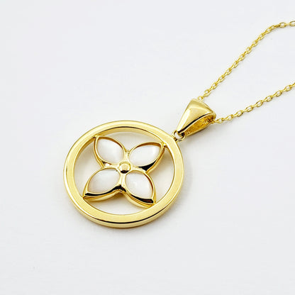 10K Yellow Gold Mother Of Pearl Pendant, Elegant Jewelry Piece , Unique Floral Design Statement Necklace , Luxury Jewelry , Special Gift