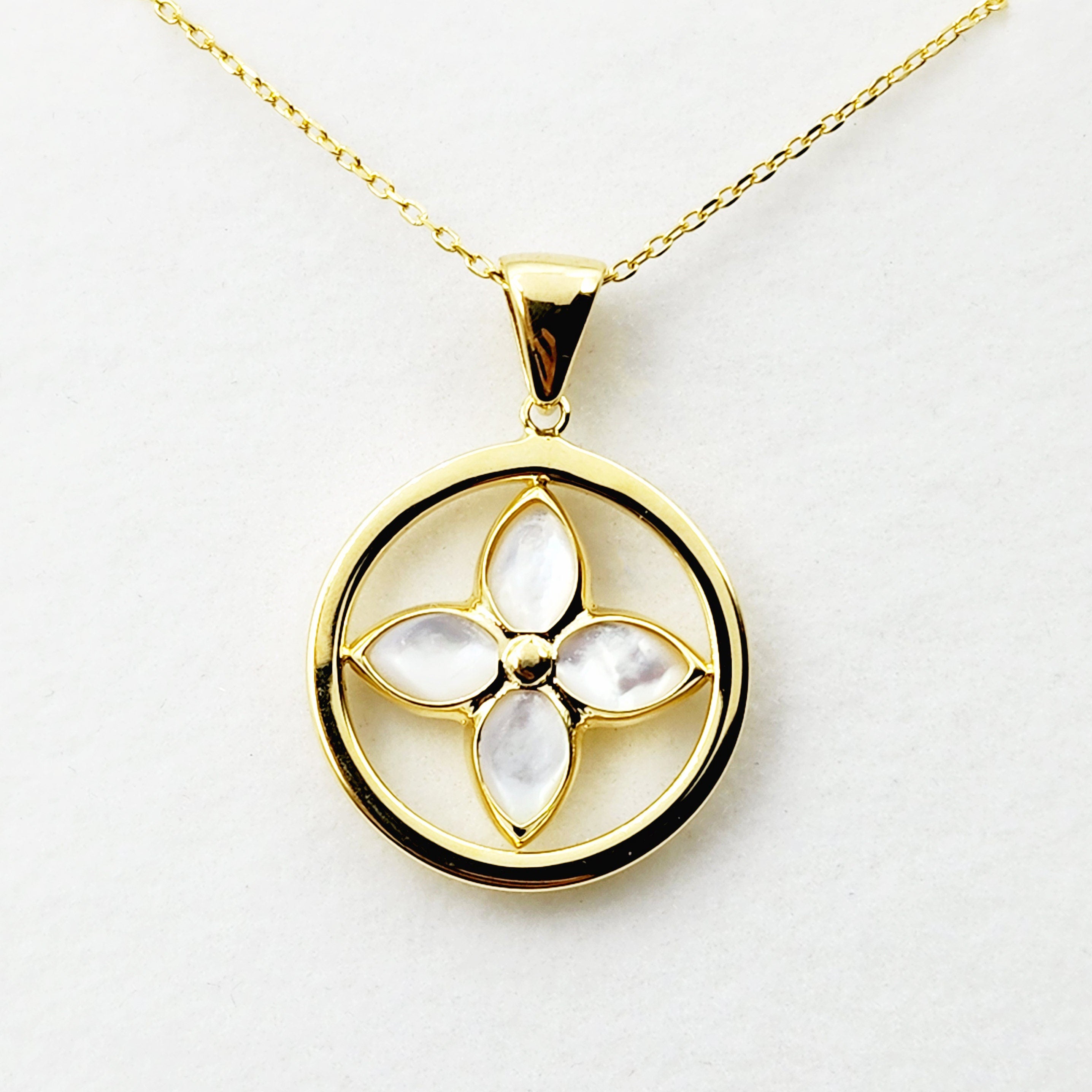 10K Yellow Gold Mother Of Pearl Pendant, Elegant Jewelry Piece , Unique Floral Design Statement Necklace , Luxury Jewelry , Special Gift