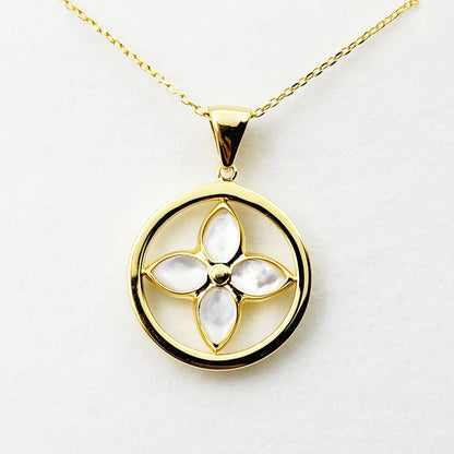 10K Yellow Gold Mother Of Pearl Pendant, Elegant Jewelry Piece , Unique Floral Design Statement Necklace , Luxury Jewelry , Special Gift