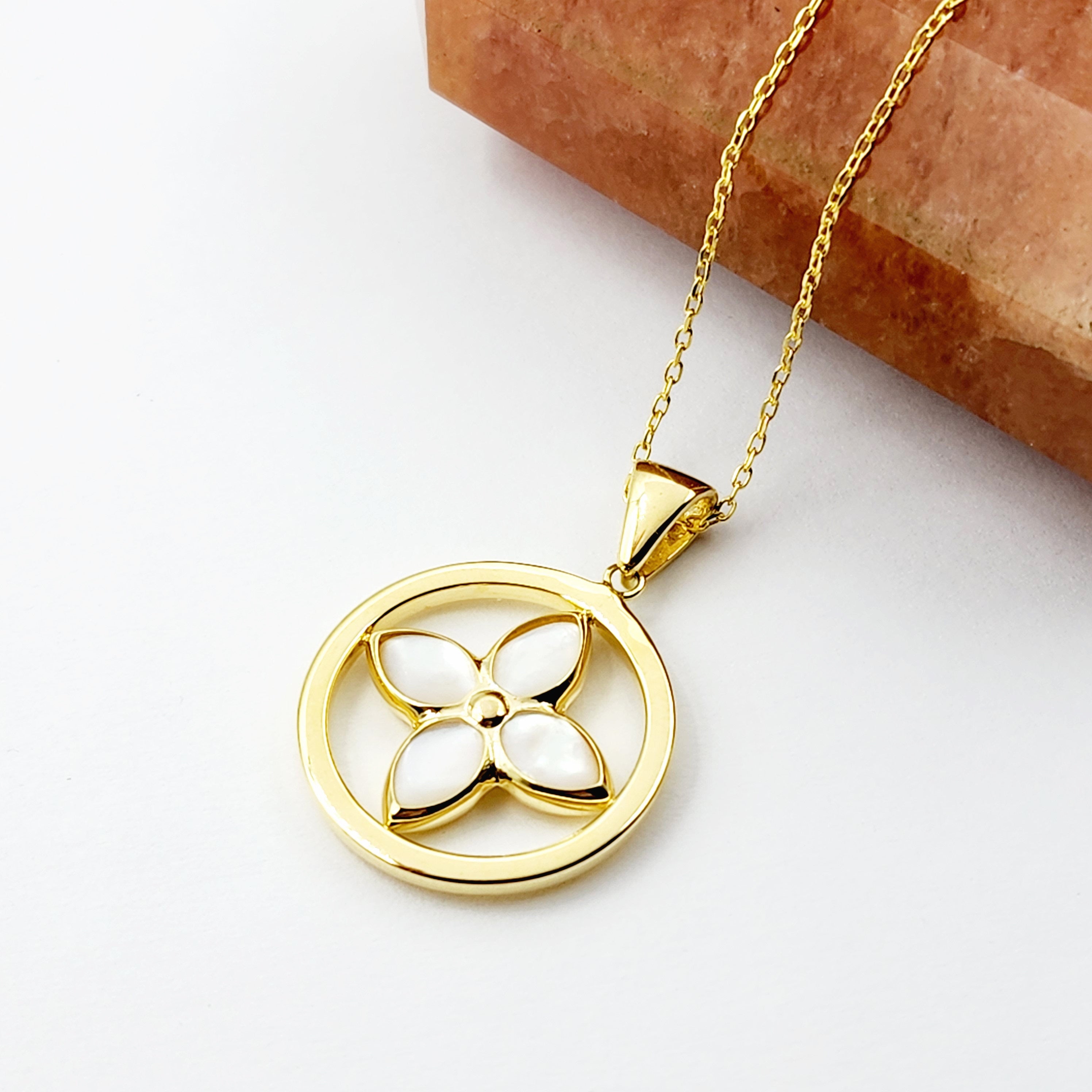 10K Yellow Gold Mother Of Pearl Pendant, Elegant Jewelry Piece , Unique Floral Design Statement Necklace , Luxury Jewelry , Special Gift