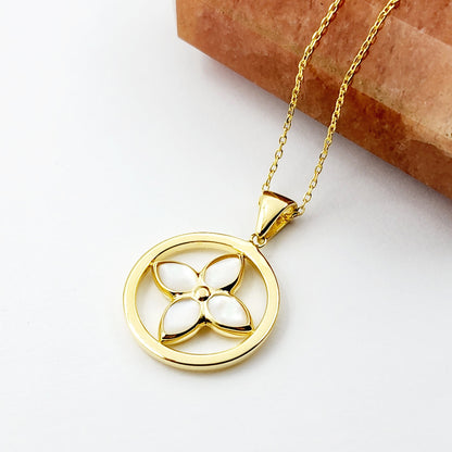 10K Yellow Gold Mother Of Pearl Pendant, Elegant Jewelry Piece , Unique Floral Design Statement Necklace , Luxury Jewelry , Special Gift
