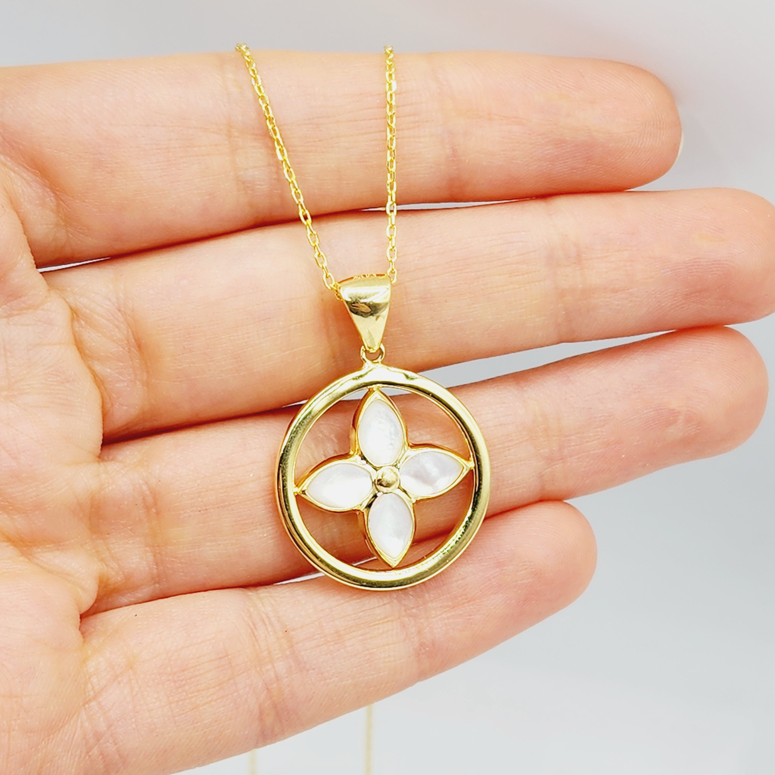 10K Yellow Gold Mother Of Pearl Pendant, Elegant Jewelry Piece , Unique Floral Design Statement Necklace , Luxury Jewelry , Special Gift