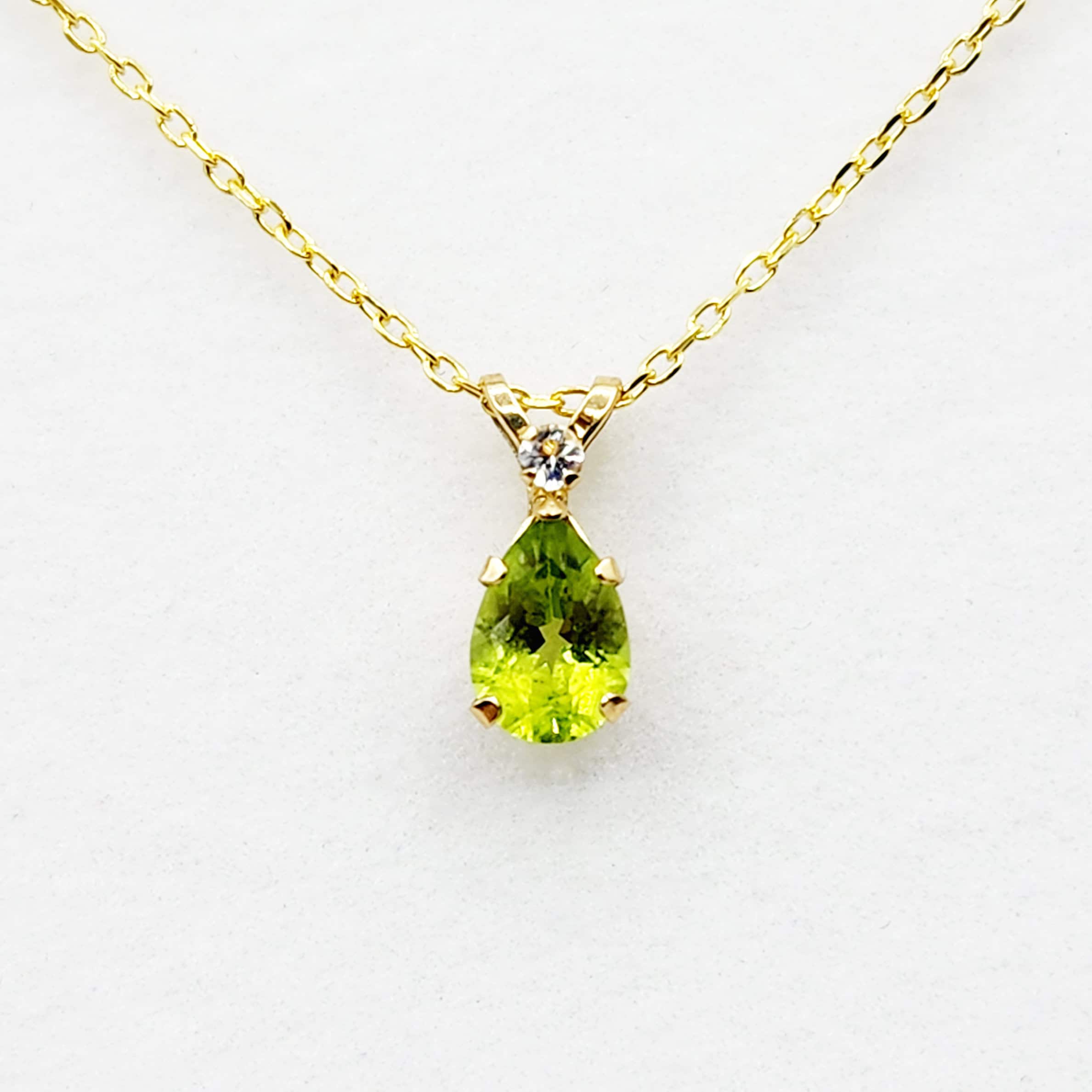 10K Yellow Gold Peridot 8x5mm with White Topaz Pendant Necklace, Gold Pendant For Her, Peridot Jewelry, August Birthstone