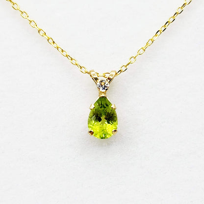 10K Yellow Gold Peridot 8x5mm with White Topaz Pendant Necklace, Gold Pendant For Her, Peridot Jewelry, August Birthstone