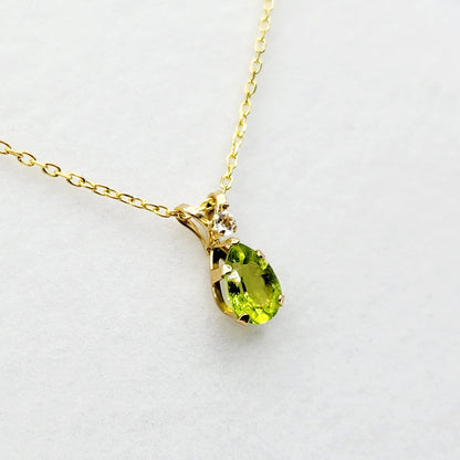 10K Yellow Gold Peridot 8x5mm with White Topaz Pendant Necklace, Gold Pendant For Her, Peridot Jewelry, August Birthstone