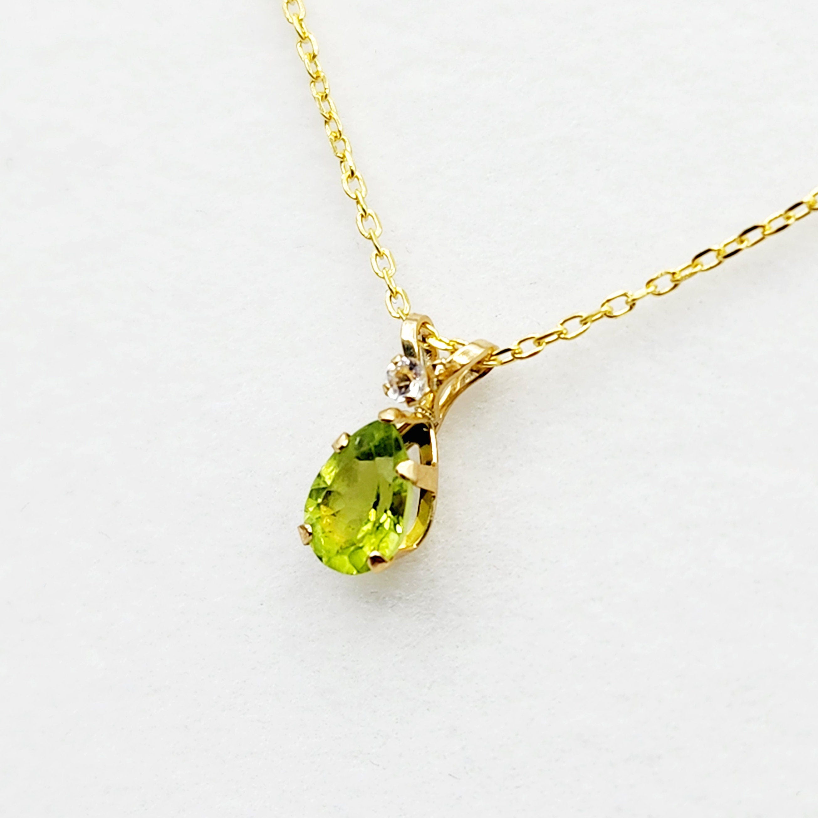 10K Yellow Gold Peridot 8x5mm with White Topaz Pendant Necklace, Gold Pendant For Her, Peridot Jewelry, August Birthstone